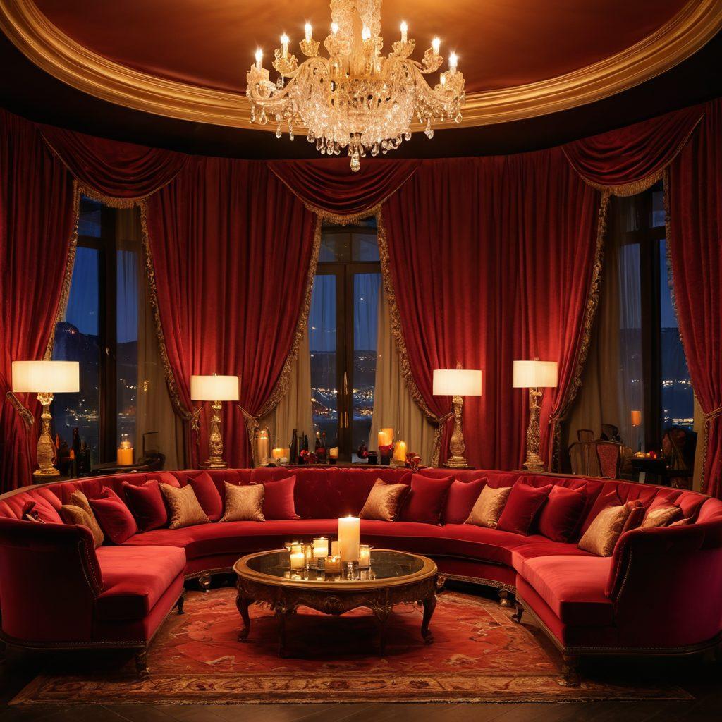 A captivating and elegant scene depicting a luxurious lounge filled with soft, ambient lighting and plush seating. Include silhouettes of people engaged in sensual entertainment, with hints of exotic decor such as silk drapes and candles casting warm glows. Emphasize a sense of allure and sophistication, while featuring subtle motifs of music and dance. Use a color palette of deep reds, golds, and soft blacks. super-realistic. vibrant colors.