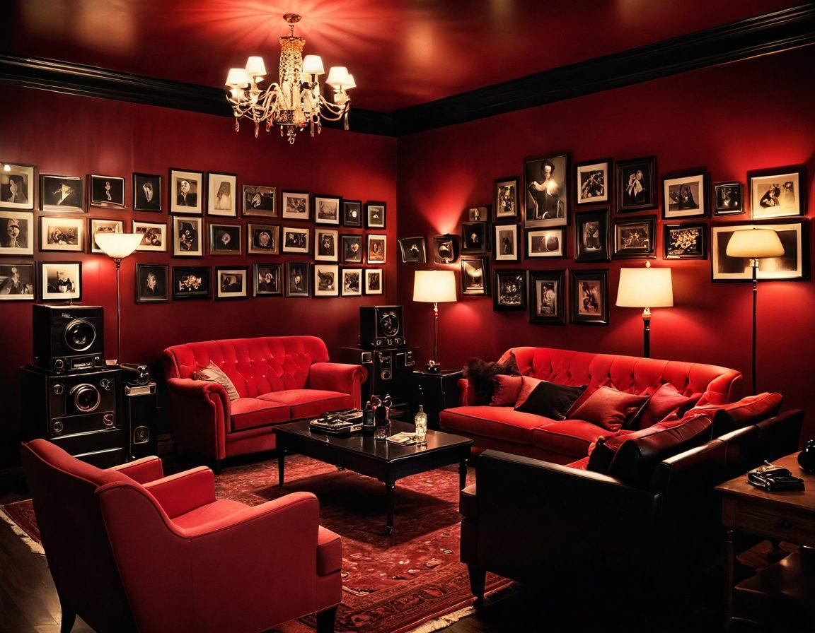 A sophisticated lounge setting with a soft focus on elegant decor, paired with silhouettes of a couple in a tender moment. Surrounding them are various film reels and vintage cameras that hint at the world of adult films. The ambiance is warm and inviting, with subtle lighting that enhances the sensual atmosphere. The color palette features rich reds and deep blacks for a luxurious feel. super-realistic. vibrant colors. soft lighting.